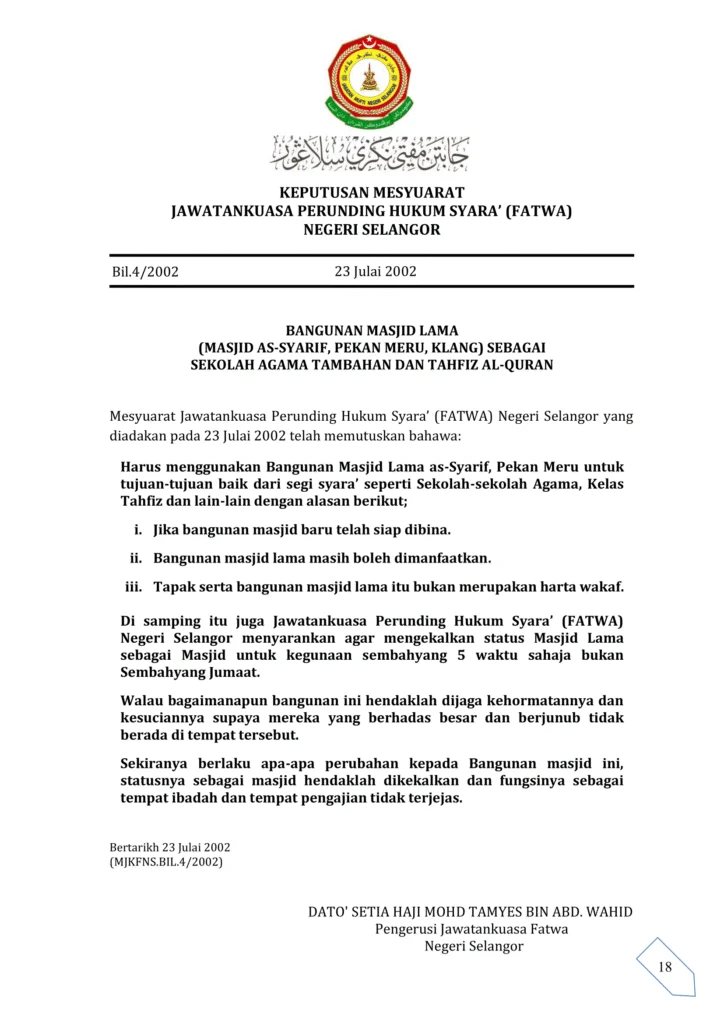 Imbasan halaman 1 daripada 1 — Bangunan Masjid Lama (Masjid As-Syarif, Pekan Meru, Klang) Sebagai Sekolah Agama Tambahan Dan Tahfiz Al-Quran