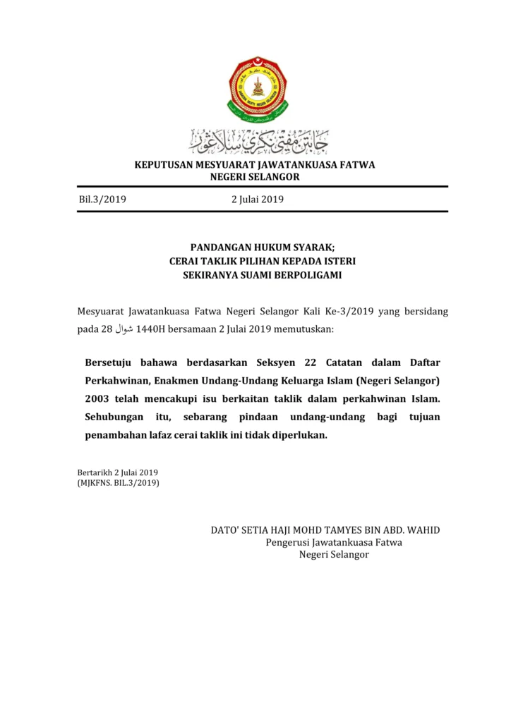 Imbasan halaman 1 daripada 1 — Pandangan Hukum Syarak : Cerai Taklik Pilihan Kepada Isteri Sekiranya Suami Berpoligami