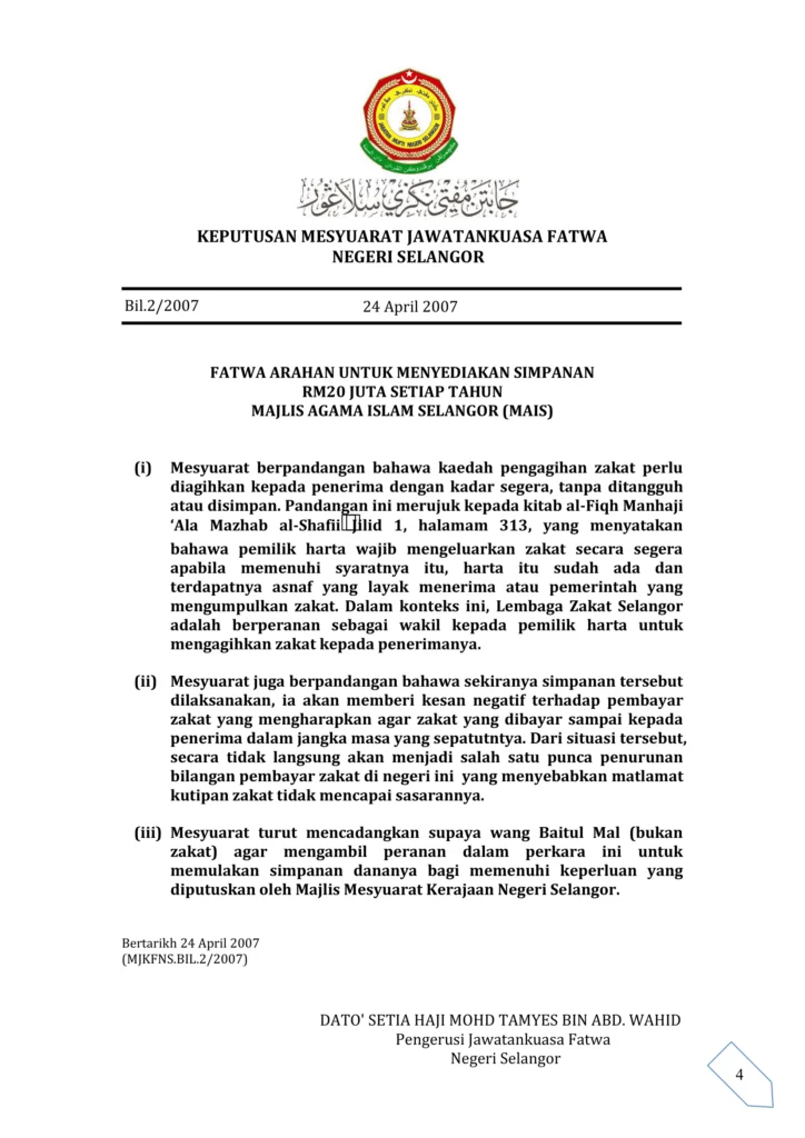 Imbasan halaman 1 daripada 1 — Fatwa Arahan Untuk Menyediakan Simpanan RM20 Juta Setiap Tahun Majlis Agama Islam Selangor (MAIS)