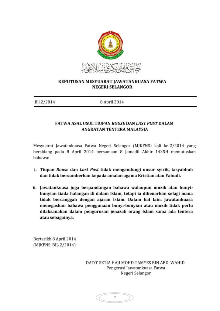 Imbasan halaman 1 daripada 1 — Fatwa Asal Usul Tiupan Rouse dan Last Post Dalam Angkatan Tentera Malaysia