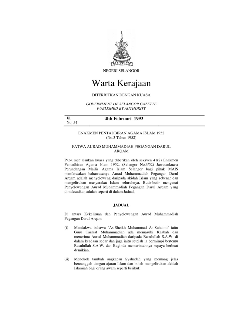 Imbasan halaman 1 daripada 2 — Fatwa Aurad Muhammadiah Pegangan Darul Arqam