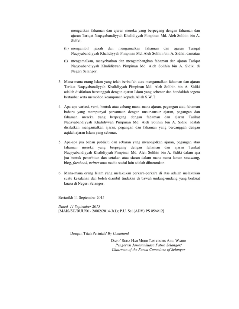 Imbasan halaman 4 daripada 4 — Fatwa Fahaman Tarikat Naqsyabandiyyah Khalidiyyah Di Bawah Pimpinan Md. Aleh Solihin Bin A.Sidiki