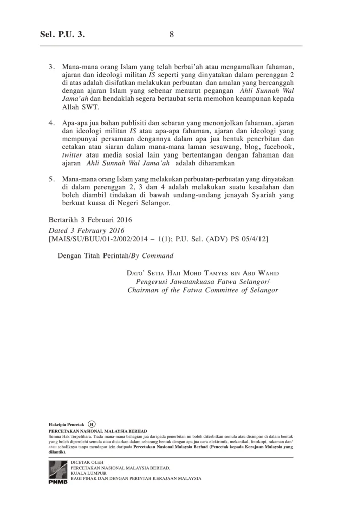 Imbasan halaman 4 daripada 4 — Fatwa Gerakan Militan Al-Dawla Al-Islamiya Fi Iraq Wa Al-Sham (Daesh), Atau Militan Islamic State In Iraq And Syams (ISIS), Atau Islamic State Of Iraq And The Levant (ISIL) Atau Militan Islamic State (IS)