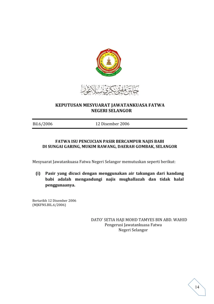 Imbasan halaman 1 daripada 1 — Fatwa Isu Pencucian Pasir Bercampur Najis Babi Di Sungai Garing, Mukim Rawang, Daerah Gombak, Selangor