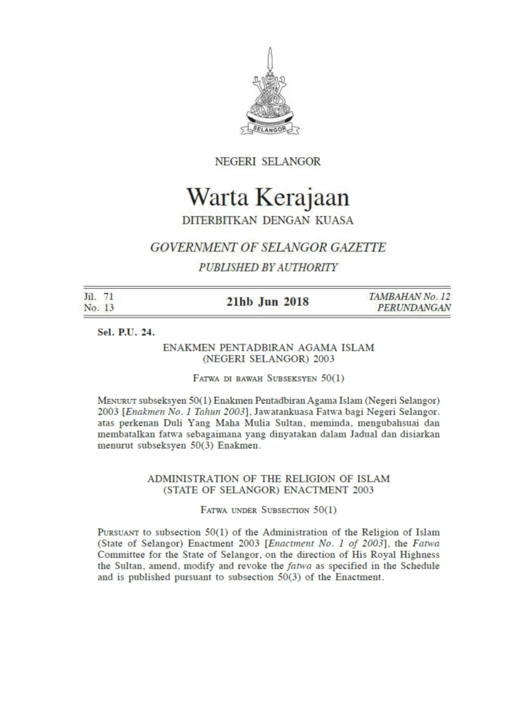 Imbasan halaman 1 daripada 2 — Fatwa Kadar ‘Uruf Emas Perhiasan Negeri Selangor (Pindaan)