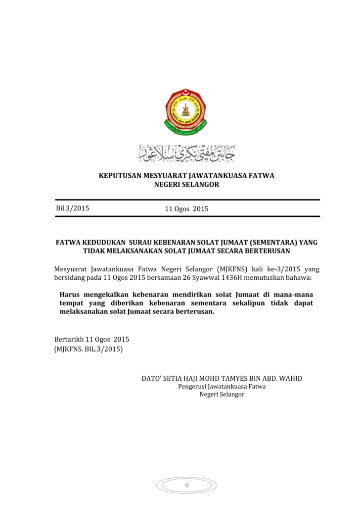 Imbasan halaman 1 daripada 1 — Fatwa Kedudukan Surau Kebenaran Solat Jumaat (Sementara) Yang Tidak Melaksanakan Solat Jumaat Secara Berterusan