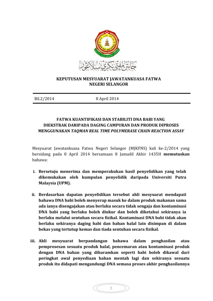 Imbasan halaman 1 daripada 2 — Fatwa Kuantifikasi dan Stabiliti DNS Babi Yang Diekstrak Daripada Daging Campuran Dan Produk Diproses Menggunakan Taqman Real Time Polymerase Chain Reaction Assay