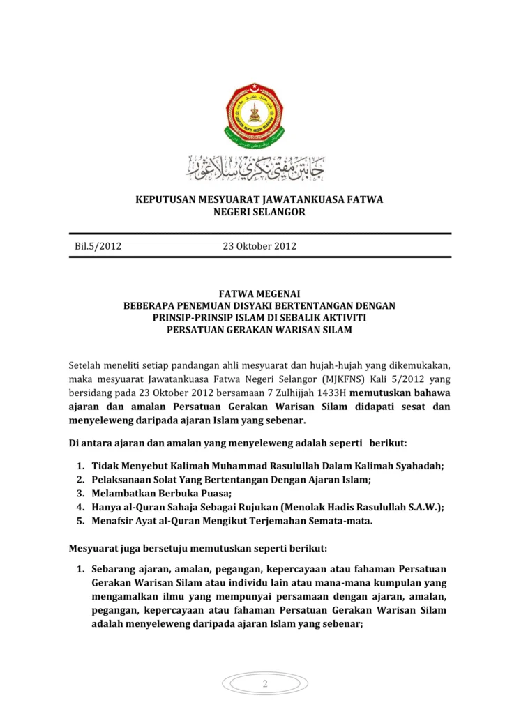 Imbasan halaman 1 daripada 2 — Fatwa Mengenai Beberapa Penemuan Disyaki Bertentangan dengan Prinsip-prinsip Islam di Sebalik Aktiviti Persatuan Gerakan Warisan Silam