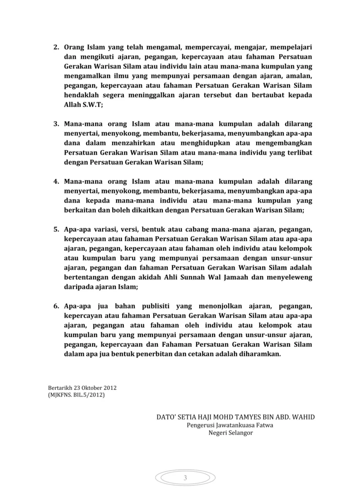 Imbasan halaman 2 daripada 2 — Fatwa Mengenai Beberapa Penemuan Disyaki Bertentangan dengan Prinsip-prinsip Islam di Sebalik Aktiviti Persatuan Gerakan Warisan Silam