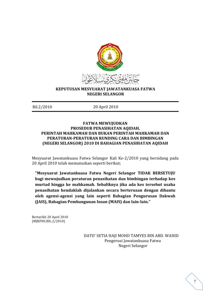 Imbasan halaman 1 daripada 1 — Fatwa Mewujudkan Prosedur Penasihatan Aqidah, Perintah Mahkamah Dan Bukan Perintah Mahkamah Dan Peraturan-Peraturan Runding Cara Dan Bimbingan (Negeri Selangor) 2010 Di Bahagian Penasihatan Aqidah