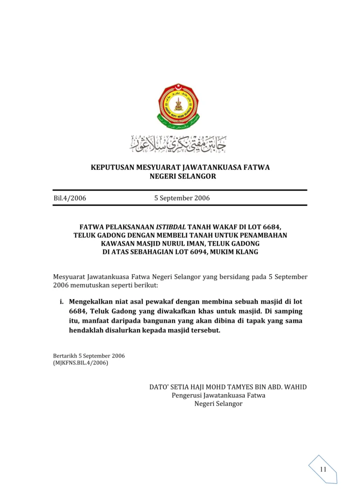 Imbasan halaman 1 daripada 1 — Fatwa Pelaksanaan Istibdal Tanah Wakaf Di Lot 6684, Teluk Gadong Dengan Membeli Tanah Untuk Penambahan Kawasan Masjid Nurul Iman, Teluk Gadong Di Atas Sebahagian Lot 6094, Mukim Klang