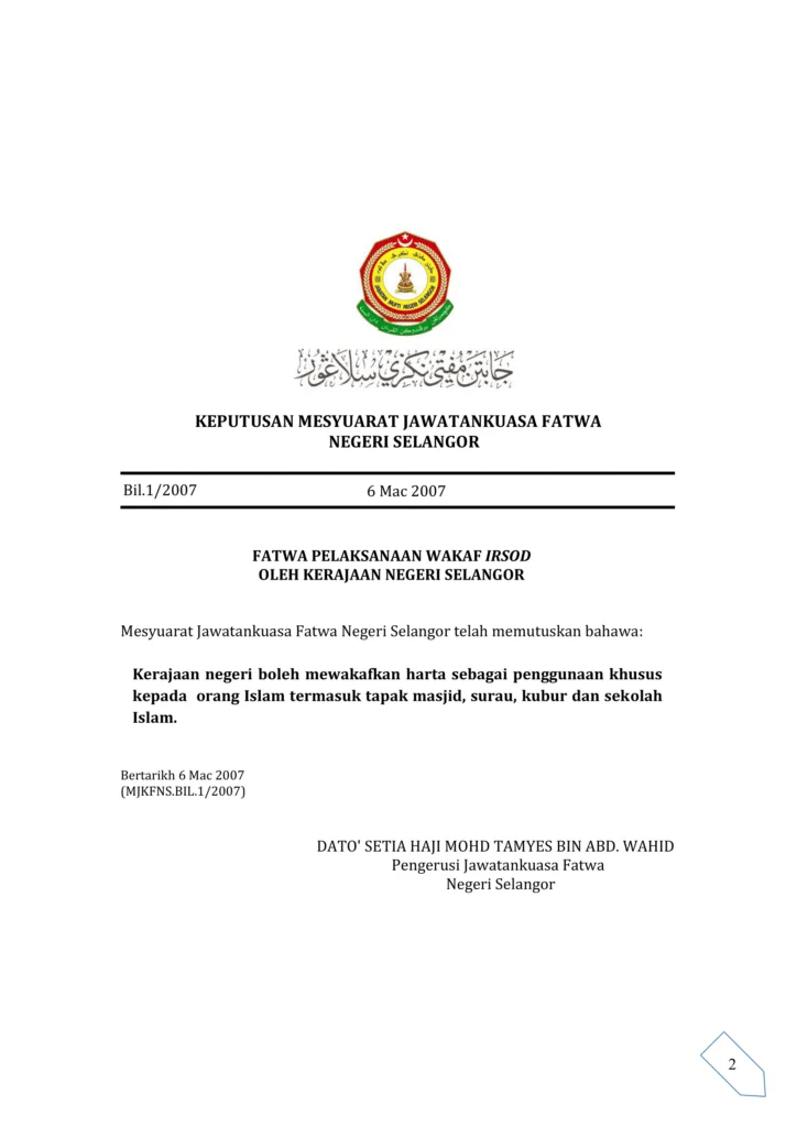 Imbasan halaman 1 daripada 1 — Fatwa Pelaksanaan Wakaf Irsod Oleh Kerajaan Negeri Selangor