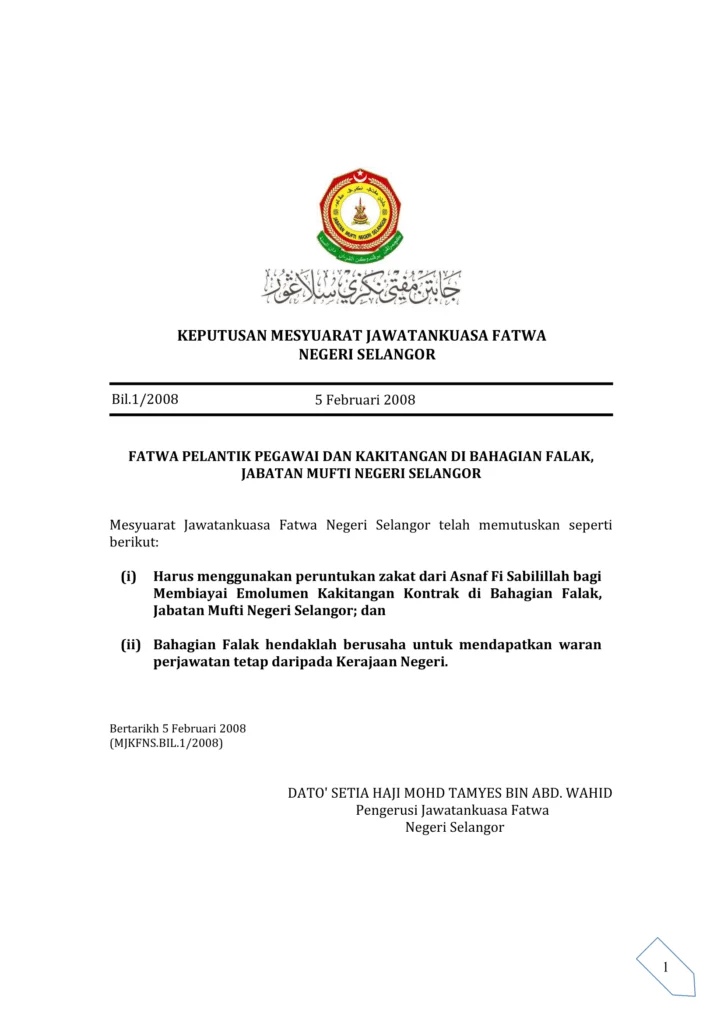 Imbasan halaman 1 daripada 1 — Fatwa Pelantik Pegawai Dan Kakitangan Di Bahagian Falak, Jabatan Mufti Negeri Selangor