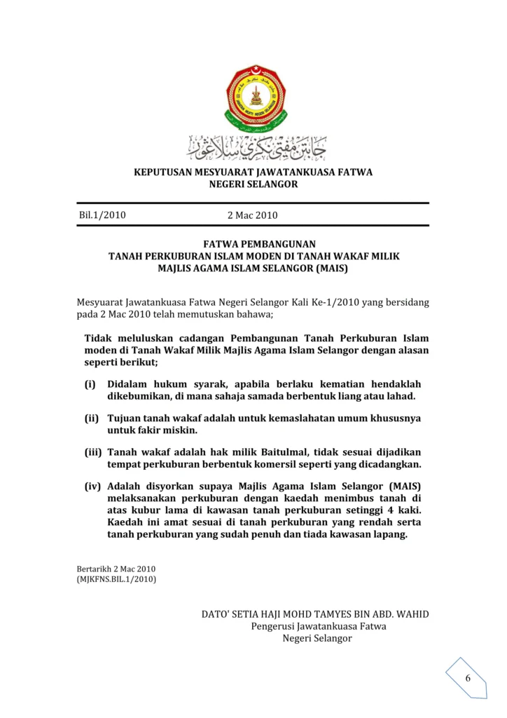 Imbasan halaman 1 daripada 1 — Fatwa Pembangunan Tanah Perkuburan Islam Moden Di Tanah Wakaf Milik Majlis Agama Islam Selangor (MAIS)