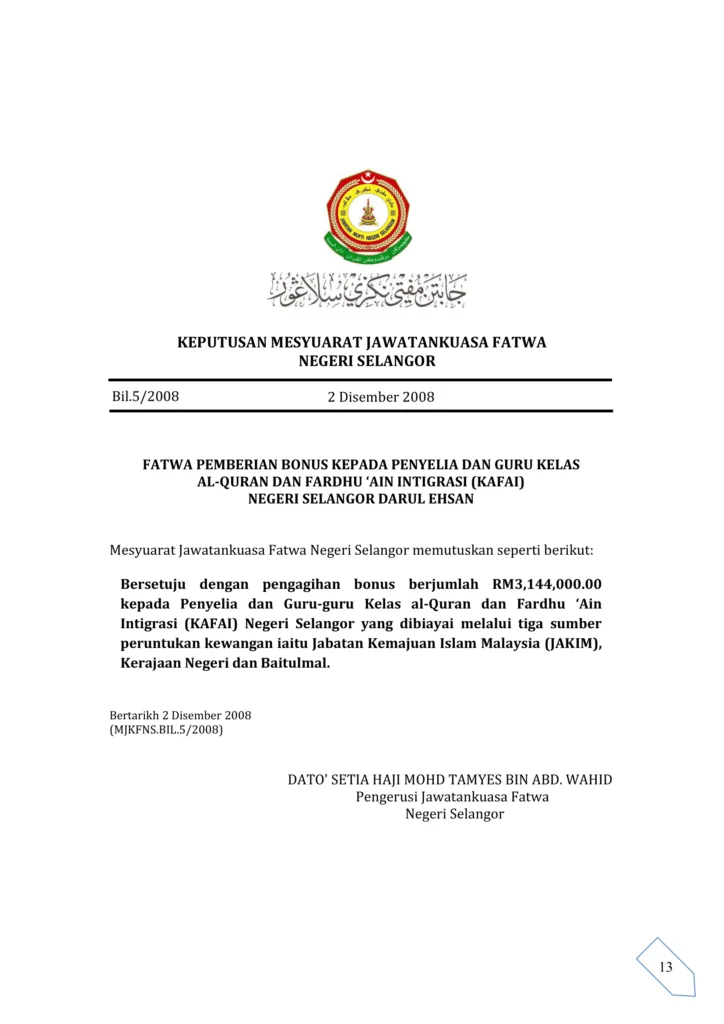 Imbasan halaman 1 daripada 1 — Fatwa Pemberian Bonus Kepada Penyelia Dan Guru Kelas Al-Quran Dan Fardhu ‘Ain Intigrasi (Kafai) Negeri Selangor Darul Ehsan