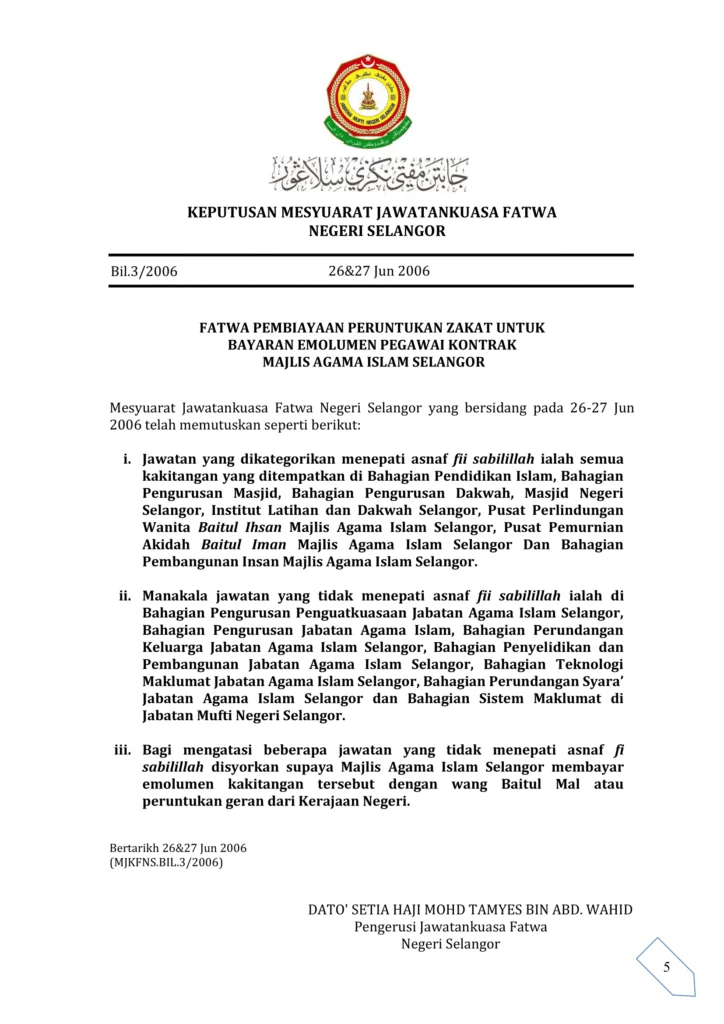 Imbasan halaman 1 daripada 1 — Fatwa Pembiayaan Peruntukan Zakat Untuk Bayaran Emolumen Pegawai Kontrak Majlis Agama Islam Selangor