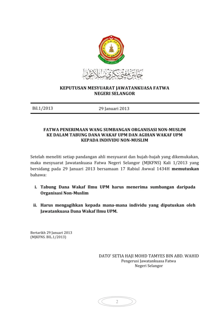 Imbasan halaman 1 daripada 1 — Fatwa Penerimaan Wang Sumbangan Organisasi Non-Muslim Ke Dalam Tabung Dana Wakaf Upm Dan Agihan Wakaf Upm Kepada Individu Non-Muslim