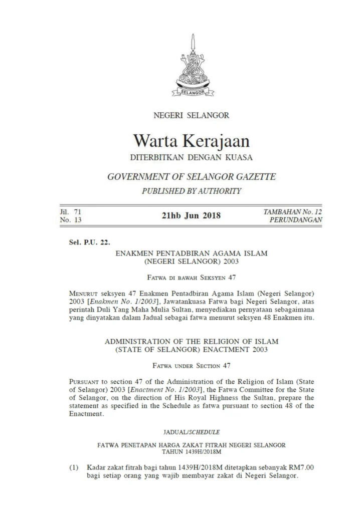 Imbasan halaman 1 daripada 2 — Fatwa Penetapan Harga Zakat Fitrah Negeri Selangor Tahun 1439H/2018M