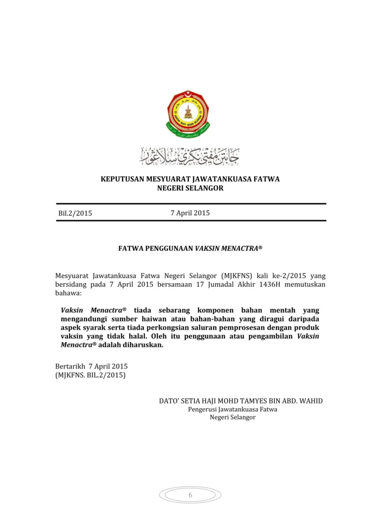Imbasan halaman 1 daripada 1 — Fatwa Penggunaan Vaksin Menactra®