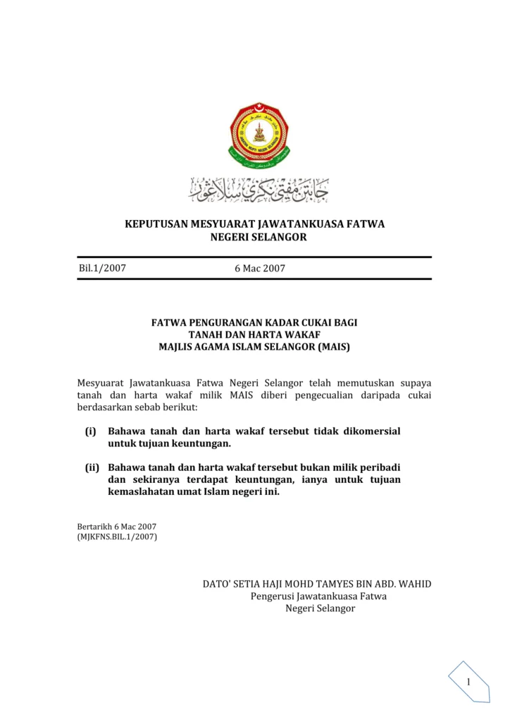 Imbasan halaman 1 daripada 1 — Fatwa Pengurangan Kadar Cukai Bagi Tanah Dan Harta Wakaf Majlis Agama Islam Selangor (Mais)