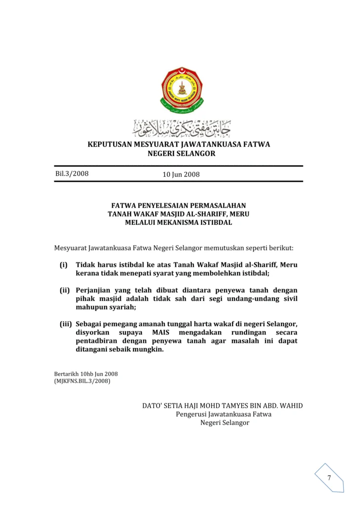 Imbasan halaman 1 daripada 1 — Fatwa Penyelesaian Permasalahan Tanah Wakaf Masjid Al-Shariff, Meru Melalui Mekanisma Istibdal
