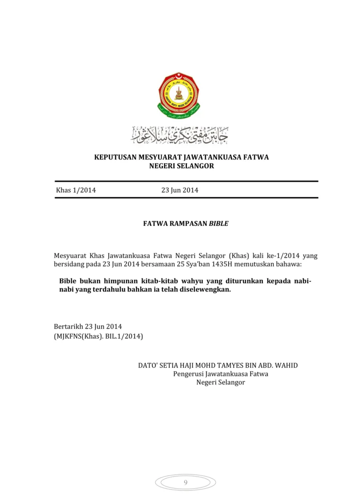 Imbasan halaman 1 daripada 1 — Fatwa Rampasan Bible