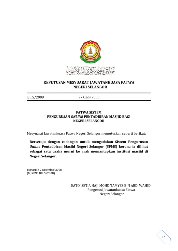 Imbasan halaman 1 daripada 1 — Fatwa Sistem Pengurusan Online Pentadbiran Masjid Bagi Negeri Selangor