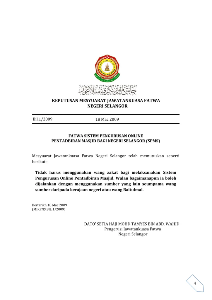 Imbasan halaman 1 daripada 1 — Fatwa Sistem Pengurusan Online Pentadbiran Masjid Bagi Negeri Selangor (SPMS)