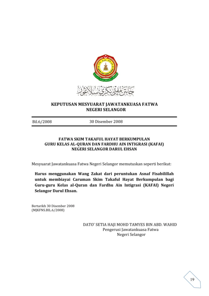 Imbasan halaman 1 daripada 1 — Fatwa Skim Takaful Hayat Berkumpulan Guru Kelas Al-Quran Dan Fardhu Ain Intigrasi (Kafai) Negeri Selangor Darul Ehsan