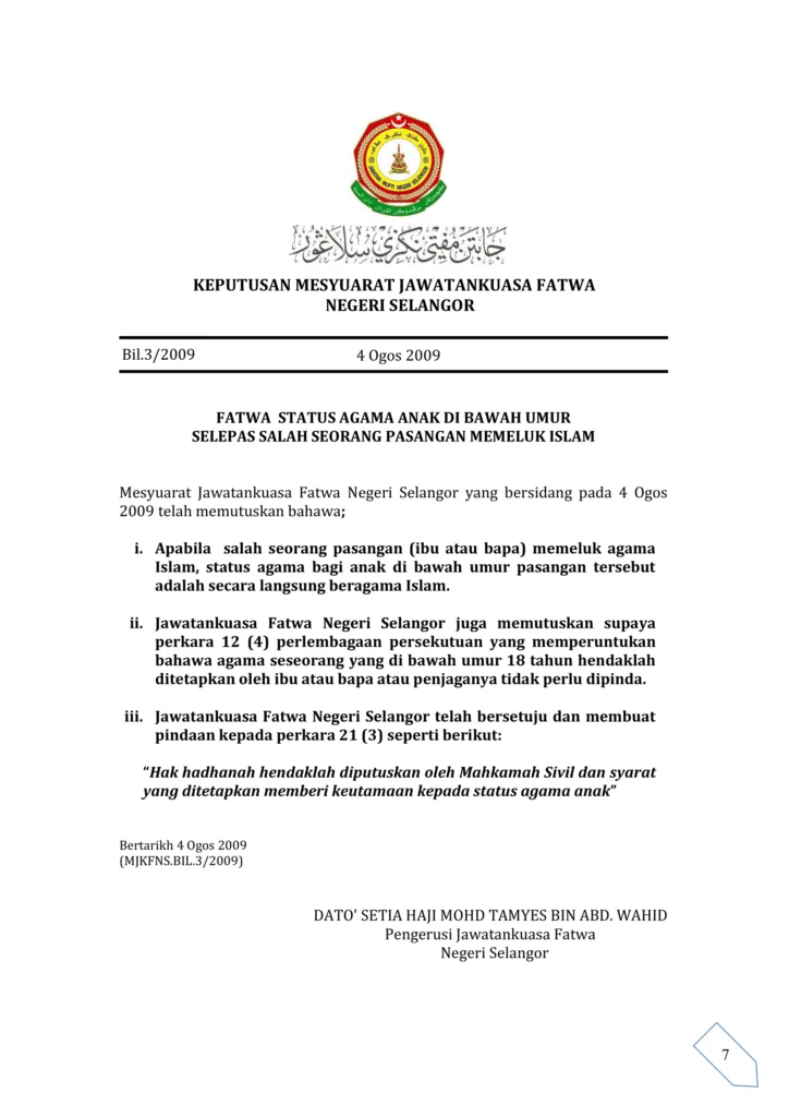Imbasan halaman 1 daripada 1 — Fatwa Status Agama Anak Di Bawah Umur Selepas Salah Seorang Pasangan Memeluk Islam