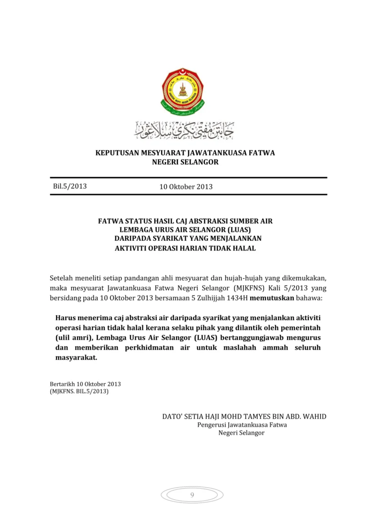 Imbasan halaman 1 daripada 1 — Fatwa Status Hasil Caj Abstraksi Sumber Air Lembaga Urus Air Selangor (Luas) Daripada Syarikat Yang Menjalankan Aktiviti Operasi Harian Tidak Halal