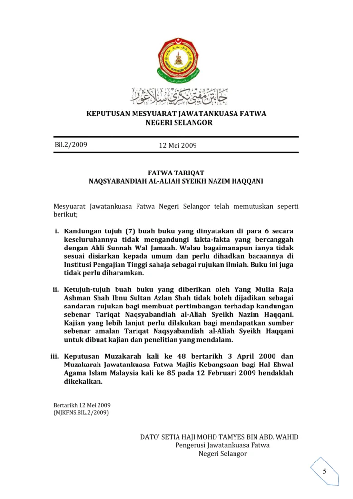 Imbasan halaman 1 daripada 1 — Fatwa Tariqat Naqsyabandiah Al-Aliah Syeikh Nazim Haqqani