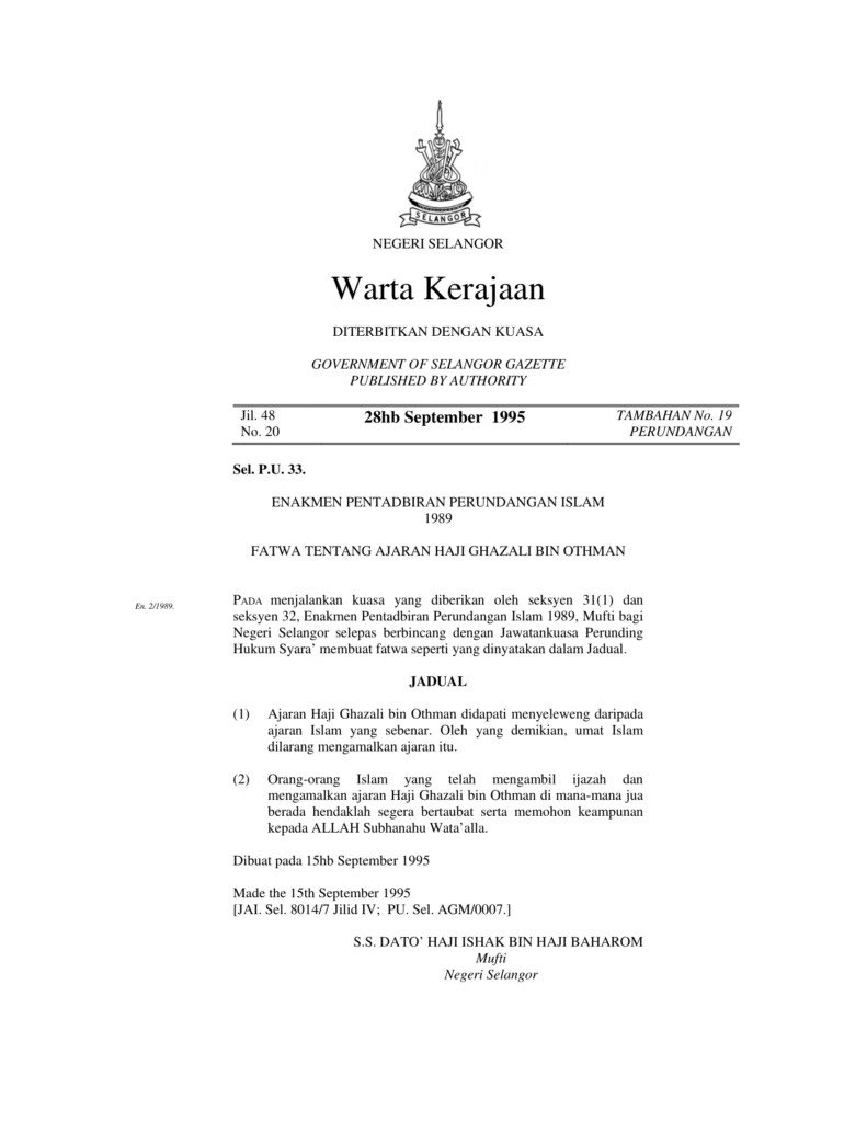 Imbasan halaman 1 daripada 1 — Fatwa Tentang Ajaran Haji Ghazali Bin Othman.