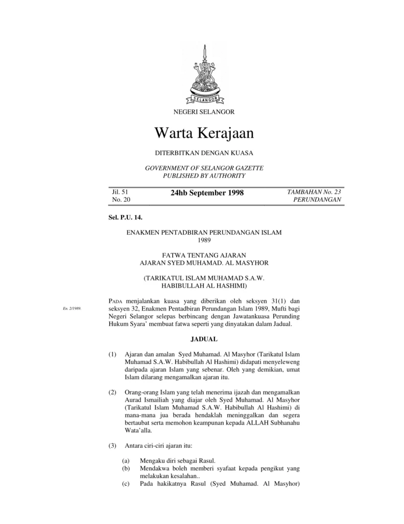 Imbasan halaman 1 daripada 2 — Fatwa Tentang Ajaran Syed Mohamad Al Masyhor (Tarikat Islam Muhamad S.A.W Habibullah Al-Hashimi)