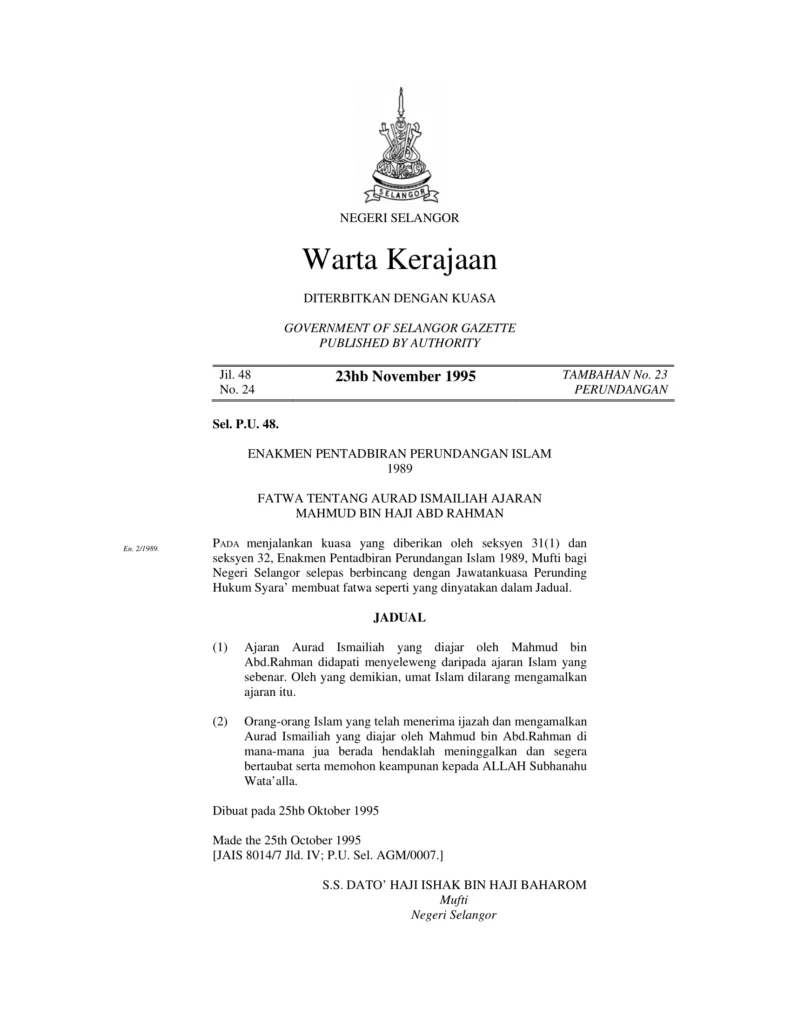 Imbasan halaman 1 daripada 1 — Fatwa Tentang Aurad Ismailiah Ajaran Mahmud Bin Haji Abdul Rahman.