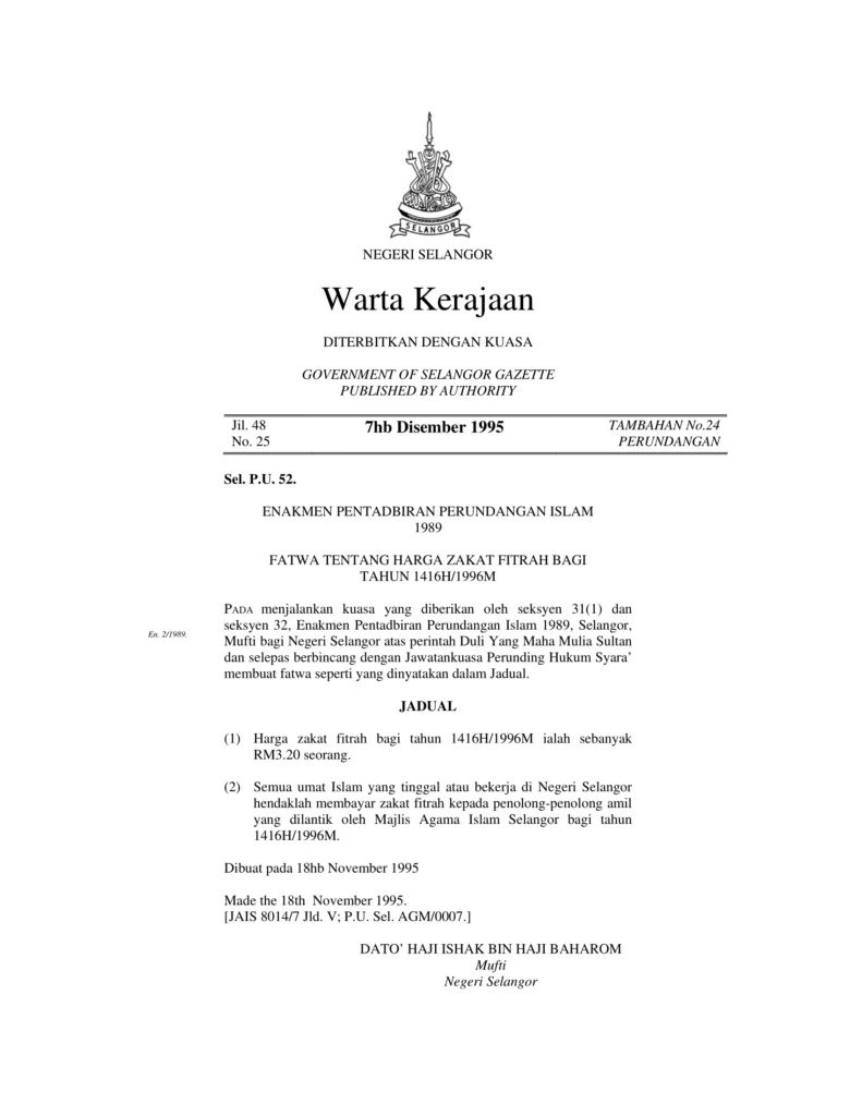 Imbasan halaman 1 daripada 1 — Fatwa Tentang Harga Zakat Fitrah Bagi Tahun 1416H/1996M