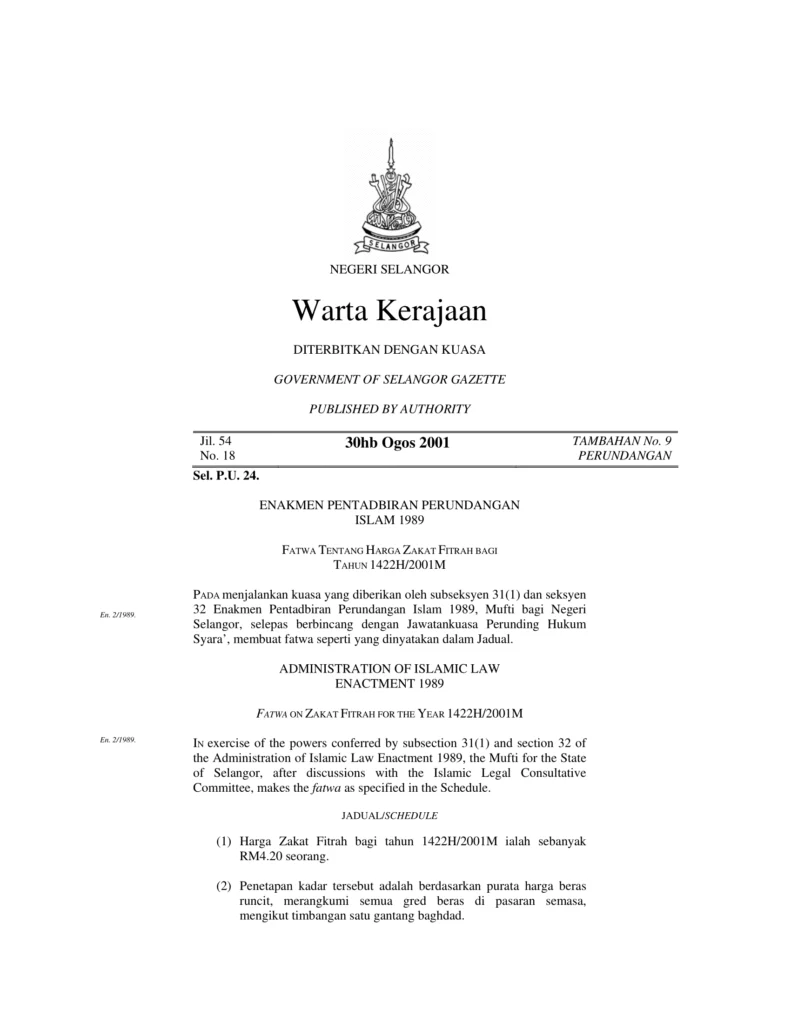Imbasan halaman 1 daripada 2 — Fatwa Tentang Harga Zakat Fitrah Bagi Tahun 1422H/2001M