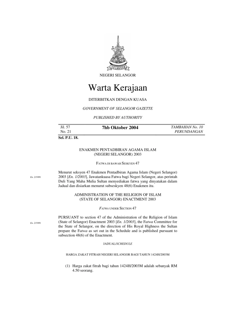 Imbasan halaman 1 daripada 2 — Fatwa Tentang Harga Zakat Fitrah Negeri Selangor Bagi Tahun 1424H/2003M