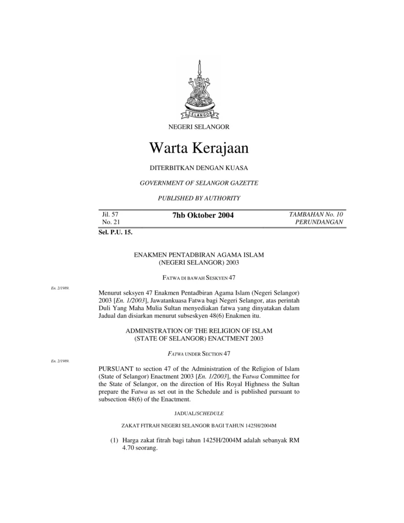 Imbasan halaman 1 daripada 2 — Fatwa Tentang Harga Zakat Fitrah Negeri Selangor Bagi Tahun 1425H