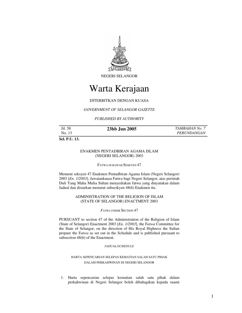 Imbasan halaman 1 daripada 2 — Fatwa Tentang Harta Sepencarian Selepas Kematian Salah Satu Pihak Dalam Perkahwinan Di Negeri Selangor