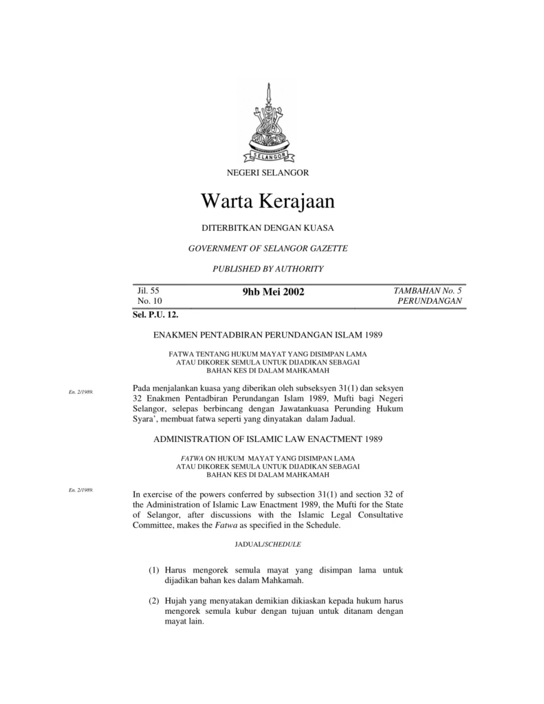 Imbasan halaman 1 daripada 2 — Fatwa Tentang Hukum Mayat Yang Disimpan Lama Atau Dikorek Semula Untuk Dijadikan Sebagai Bahan Kes Di Dalam Mahkamah