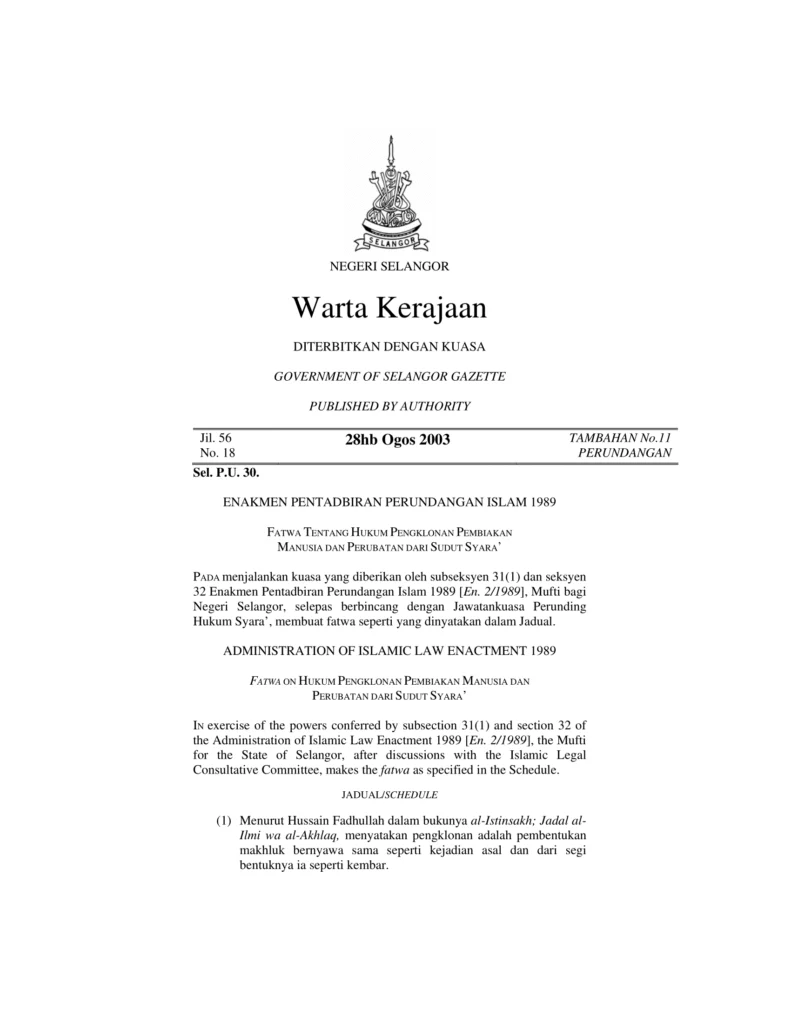 Imbasan halaman 1 daripada 4 — Fatwa Tentang Hukum Pengklonan Pembiakan Manusia dan Perubatan Dari Sudut Syara’