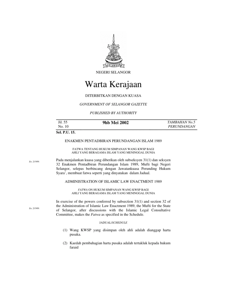 Imbasan halaman 1 daripada 2 — Fatwa Tentang Hukum Simpanan Wang KWSP Bagi Ahli Yang Beragama Islam Yang Meninggal Dunia