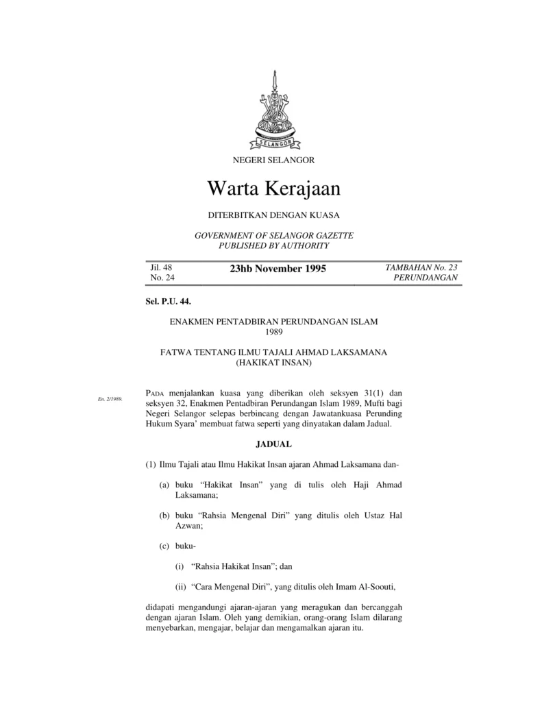 Imbasan halaman 1 daripada 2 — Fatwa Tentang Ilmu Tajali Ahmad Laksamana(Hakikat Insan)