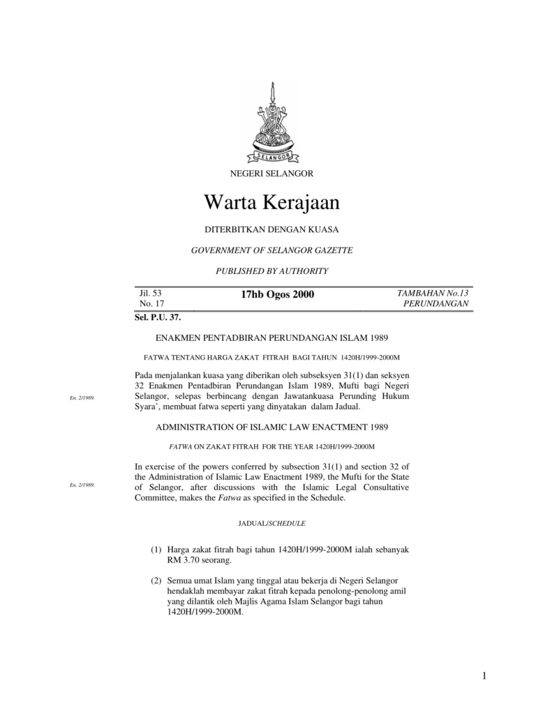 Imbasan halaman 1 daripada 2 — Fatwa Tentang Zakat Fitrah Bagi Tahun 1420H/1999-2000M