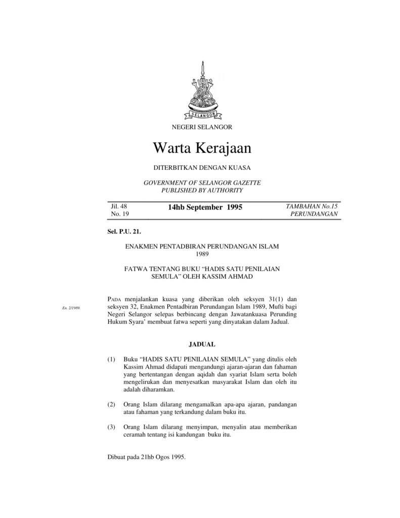 Imbasan halaman 1 daripada 2 — Fatwa Tentang buku “Hadis Satu Penilaian Semula” Oleh Kassim Ahmad.