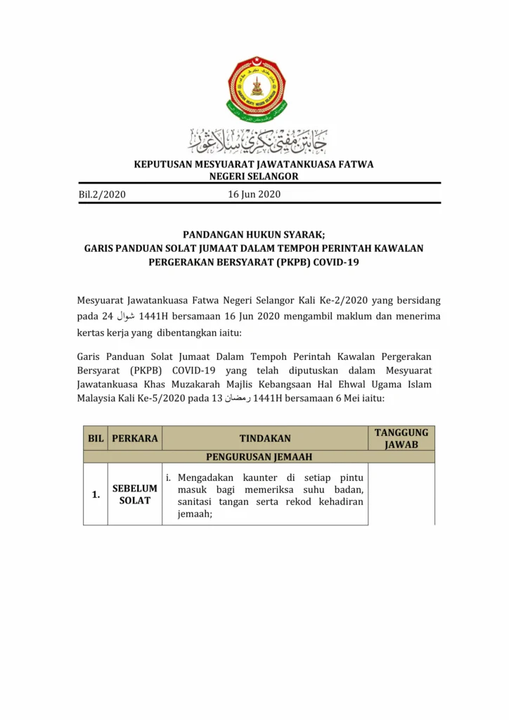 Imbasan halaman 1 daripada 4 — Pandangan Hukun Syarak; Garis Panduan Solat Jumaat Dalam Tempoh Perintah Kawalan Pergerakan Bersyarat (PKPB) Covid-19