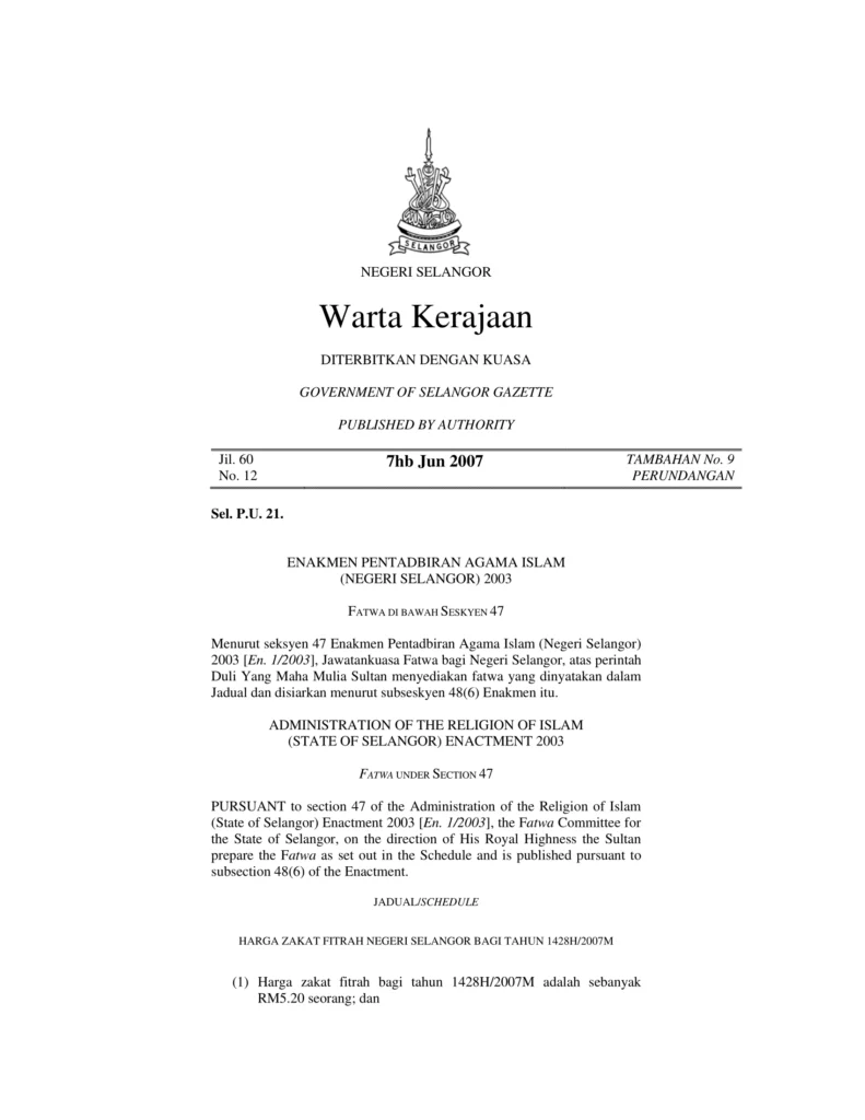 Imbasan halaman 1 daripada 2 — Harga Zakat Fitrah Negeri Selangor Bagi Tahun 1428H/2007M