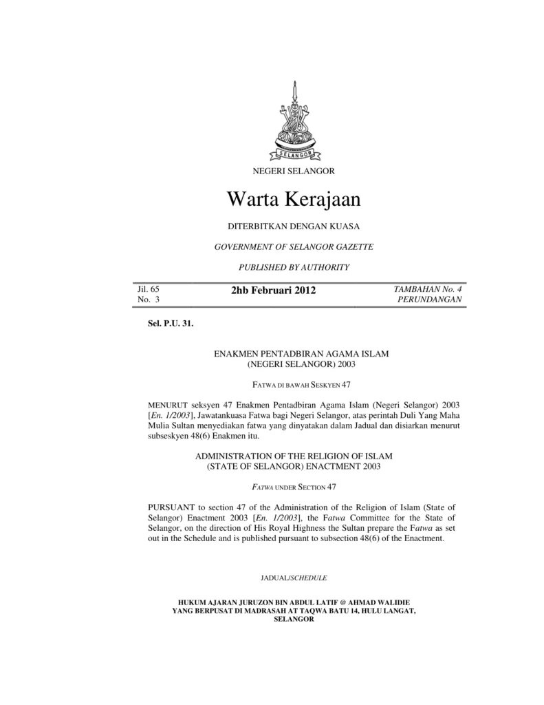 Imbasan halaman 1 daripada 3 — Hukum Ajaran Juruzon Bin Abdul Latif @ Ahmad Walidie Yang Berpusat Di Madrasah At Taqwa Batu 14, Hulu Langat, Selangor