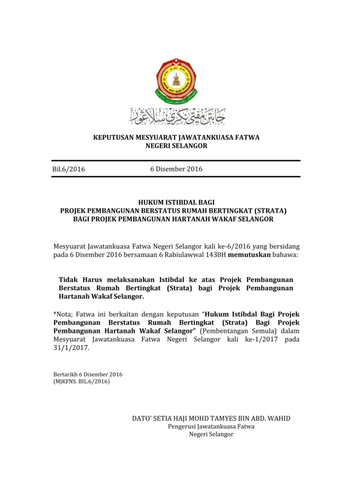 Imbasan halaman 1 daripada 1 — Hukum Istibdal Bagi Projek Pembangunan Berstatus Rumah Bertingkat (Strata) Bagi Projek Pembangunan Hartanah Wakaf Selangor
